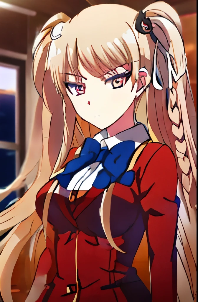 jUNKO \(classroom\), 1girl BLONDE, solo, breasts, looking_at_viewer, bangs, shirt, long_sleeves, bow, ribbon, medium_breasts, closed_mouth, school_uniform, jacket, hair_ribbon, white_shirt, braid, collared_shirt, indoors, bowtie, dutch_angle, blue_bow, blazer, white_ribbon, red_jacket, blue_bowtie