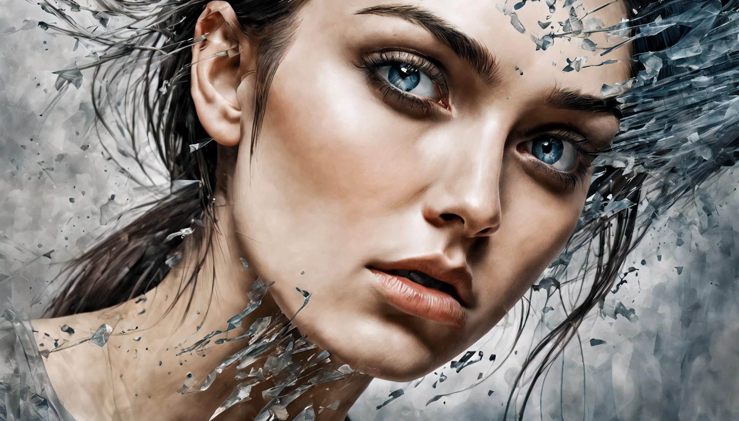 Water color painting of beautiful Sasha Grey's face with a broken head and broken glass on her face, expression of loneliness, tragedy, silence and depressed, Ogive explosive, Machine parts embedded in the face, Volatile, inspired by Igor Morski, Dramatic artwork, photomanipulation, Manipulation de photos, Disintegration, headbang until your brain bleeds, explosion of data fragments, tinnitus, official artwork, incredibly high detailed, Photoshop Art, effet de bruit