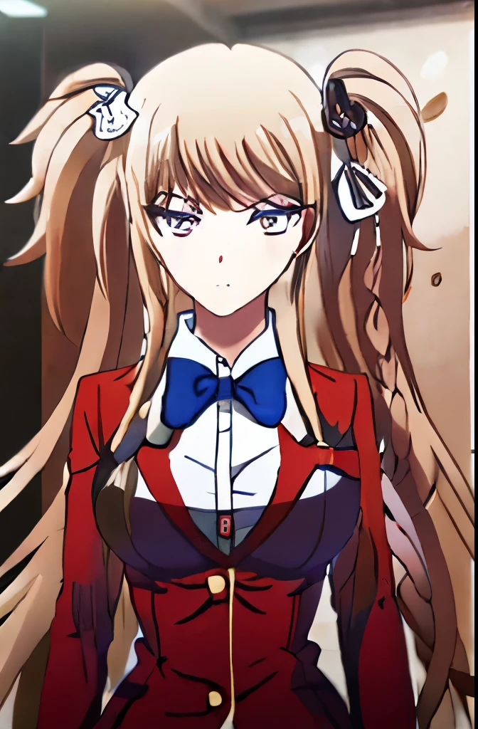 jUNKO \(classroom\), 1girl BLONDE, solo, breasts, looking_at_viewer, bangs, shirt, long_sleeves, bow, ribbon, medium_breasts, closed_mouth, school_uniform, jacket, hair_ribbon, white_shirt, braid, collared_shirt, indoors, bowtie, dutch_angle, blue_bow, blazer, white_ribbon, red_jacket, blue_bowtie