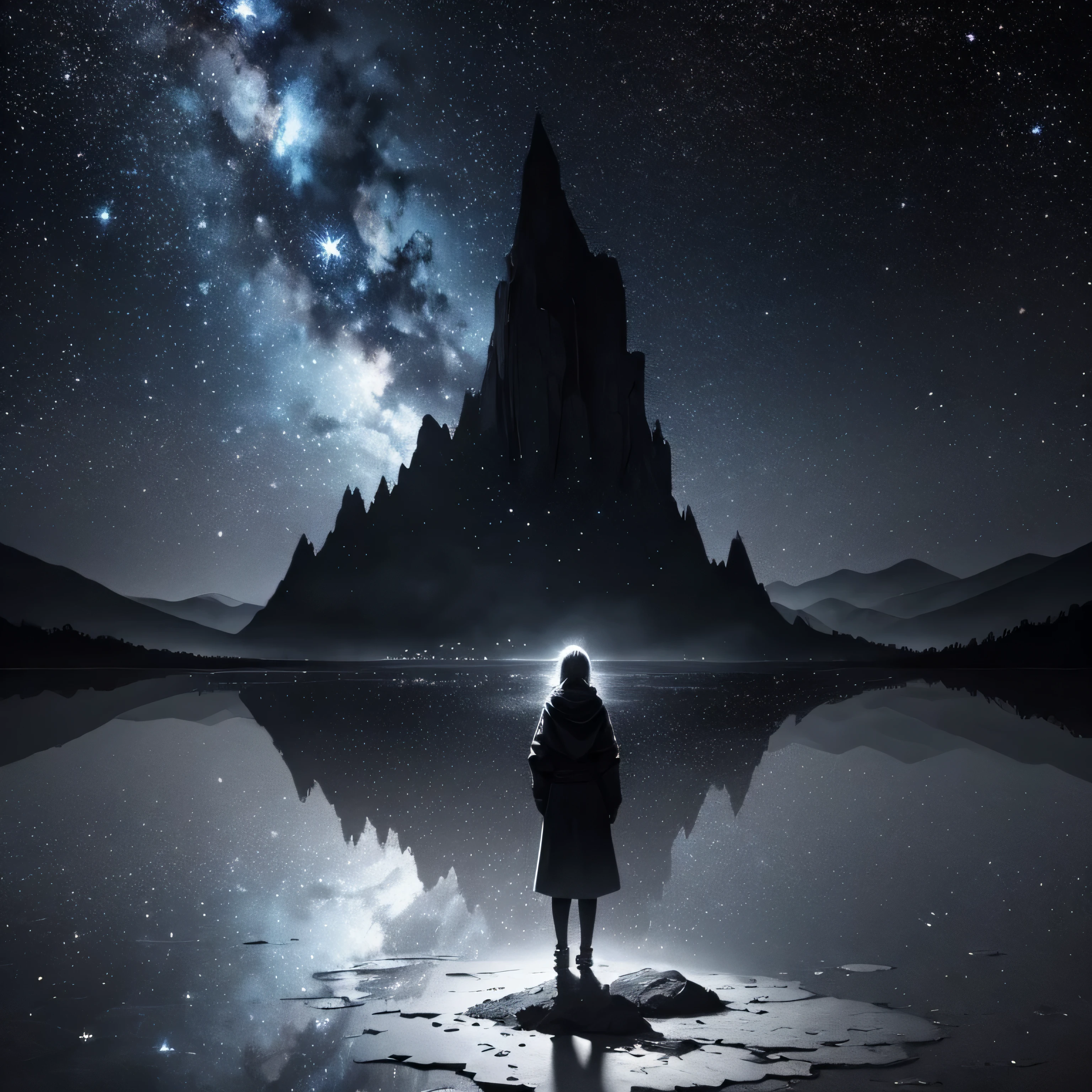 background、Starry sky and Silencio(silence)、ink painting、black and white