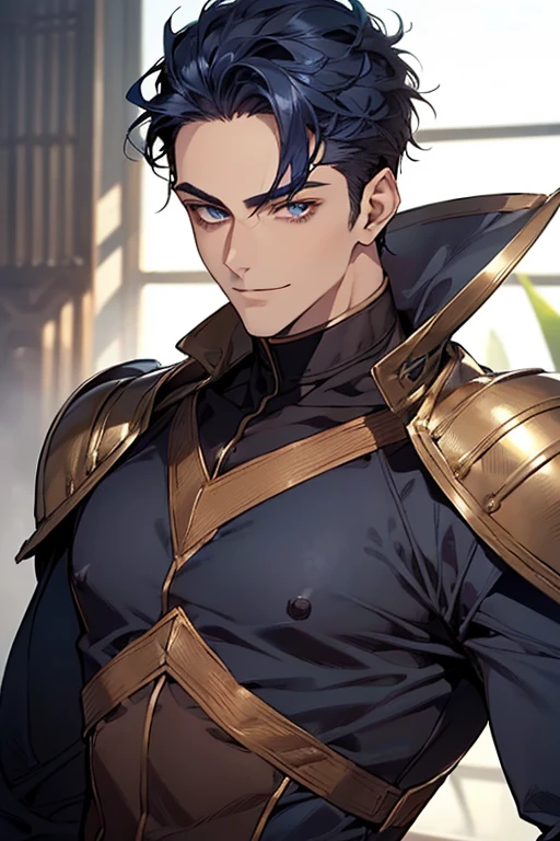 ((muste piece)), ((best quality)), ((brown skin)), ((dark blue eyes)), ((Dark blue hair))、handsome man , ((very very short hair、No bangs、Forehead、all back)), masculine、tall、sexy、Adult man、Three white eyes、handsome man、Kowamote、firmly、muscular、broad shoulders、smile、wild、とてもwild、