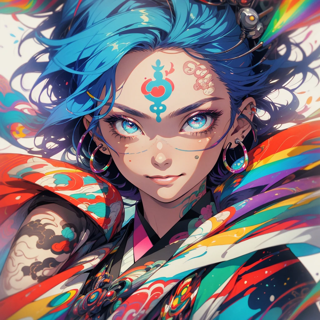 (((highest quality))),(((detailed eyes))),(((32k))),1 girl,rainbow colored hair,(tattoo),cyber punk,Rainbow kimono,Luxurious and gorgeous,Shiny skin,earrings,flashy,((Super beautiful woman)),perfect face,Japanese sword,ultimate texture,official art,Ukiyo-e,stylish,photograph,perfect body,smile,Bewitching,Highest image quality,distinct,real