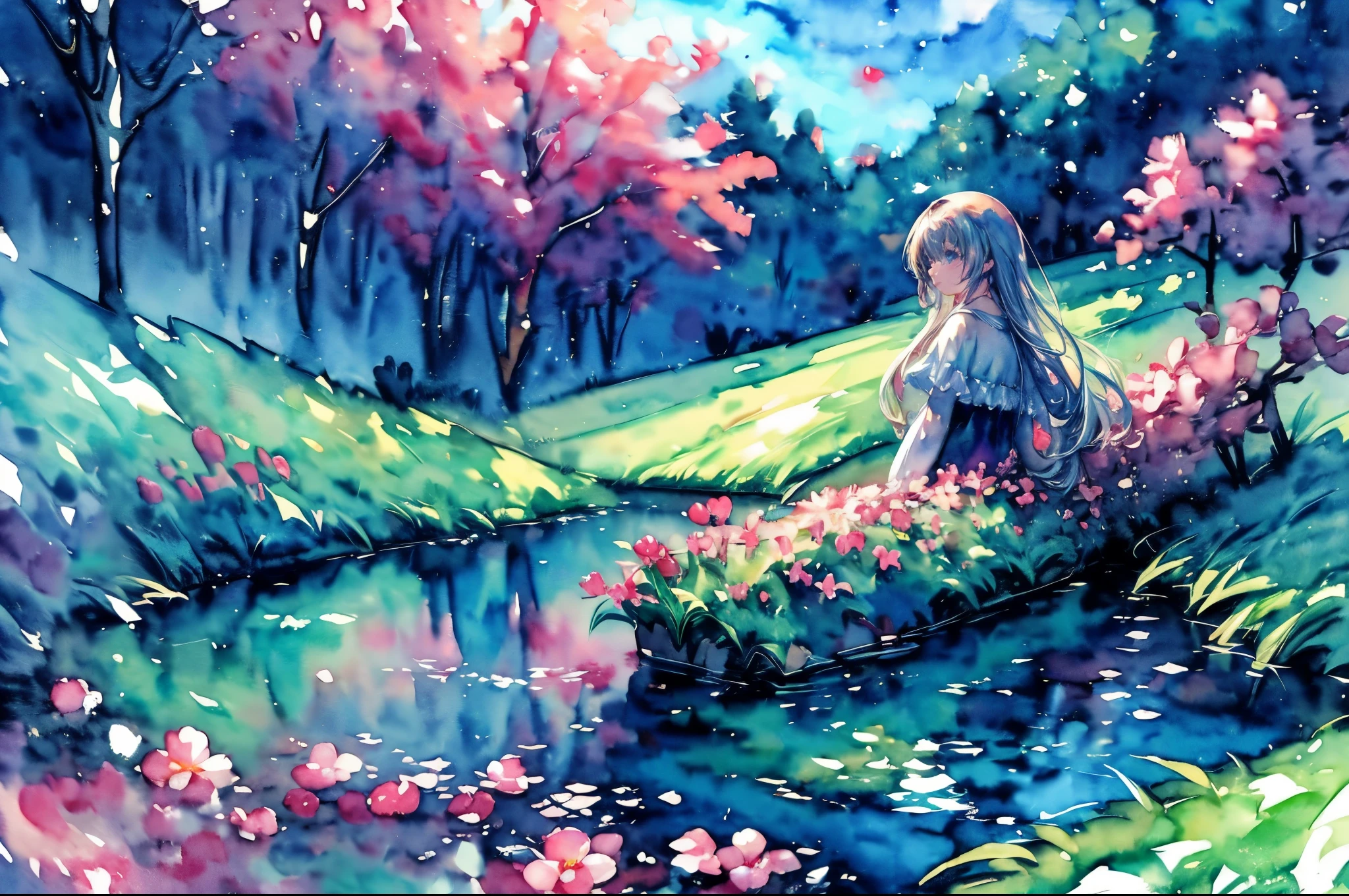 (water color art: 1.5) Watercolor Artwork, a picture of a flower meadow at night, stars above, moon light, lightly clouded, moon rays caressing the flowers, high details, best quality, 16k, RAW, [best detailed], masterpiece, best quality, High Detail, Ultra High Quality, High Resolution, 16K Resolution, Ultra HD Pictures, 3D rendering Ultra Realistic, Clear Details, Realistic Detail, Ultra High Definition