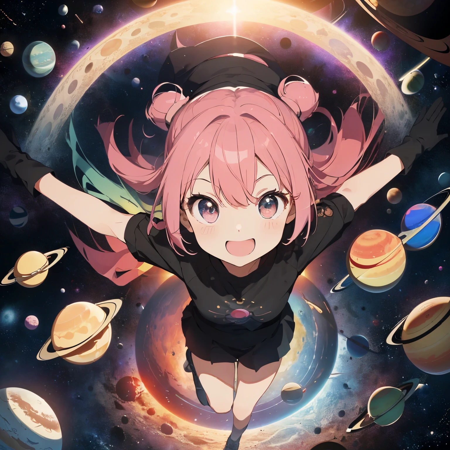 (circle:1.4),,(planets like the solar system:1.35),(A hole like a warp hole with a fantastic pattern in the center:1.2),(20 people in total:1.5),Chibi,cute,smile,girl,In 2024,(pink hair:1.2),