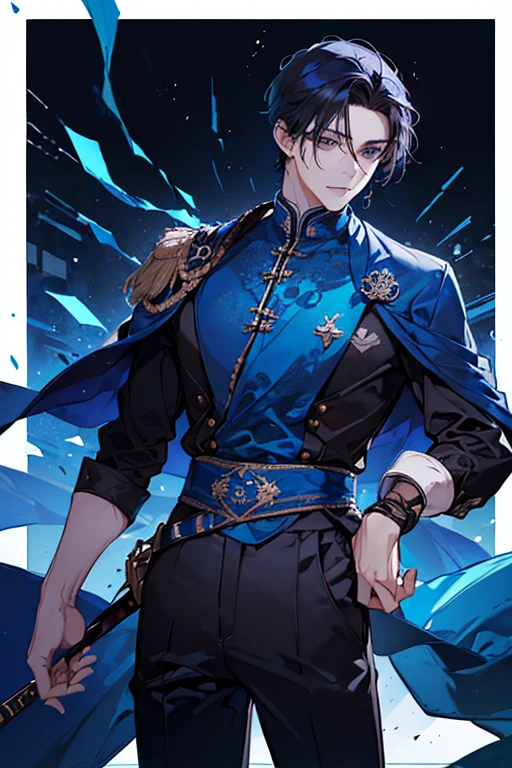 ((muste piece)), ((best quality)), ((brown skin)), ((dark blue eyes)), ((Dark blue hair))、handsome man , ((very very short hair、No bangs、Forehead、all back)), masculine、tall、sexy、Adult man、Three white eyes、handsome man、Kowamote、firmly、muscular、broad shoulders、smile、wild、とてもwild、