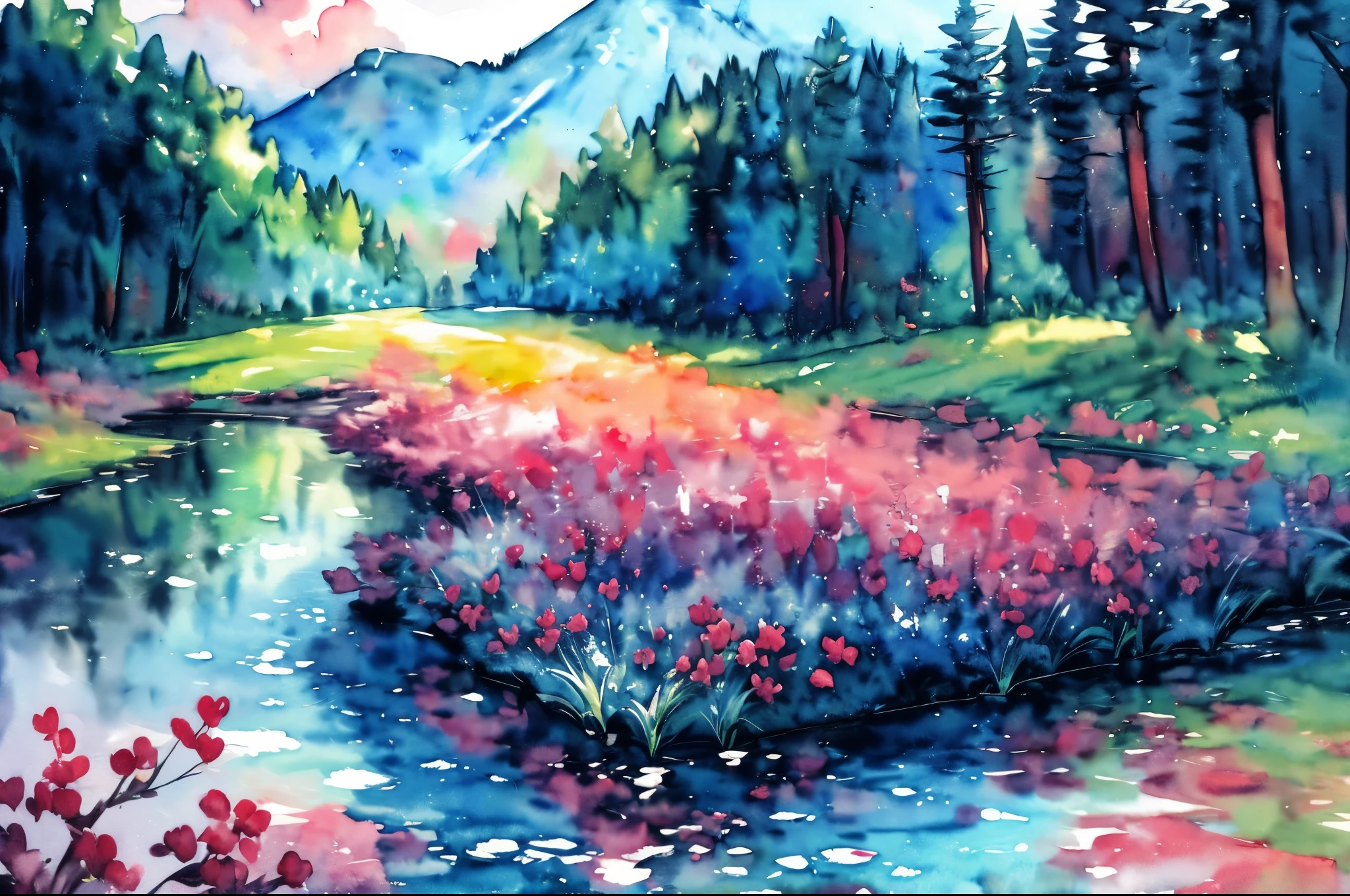 (water color art: 1.5) Watercolor Artwork, a picture of a flower meadow at night, stars above, moon light, lightly clouded, moon rays caressing the flowers, high details, best quality, 16k, RAW, [best detailed], masterpiece, best quality, High Detail, Ultra High Quality, High Resolution, 16K Resolution, Ultra HD Pictures, 3D rendering Ultra Realistic, Clear Details, Realistic Detail, Ultra High Definition