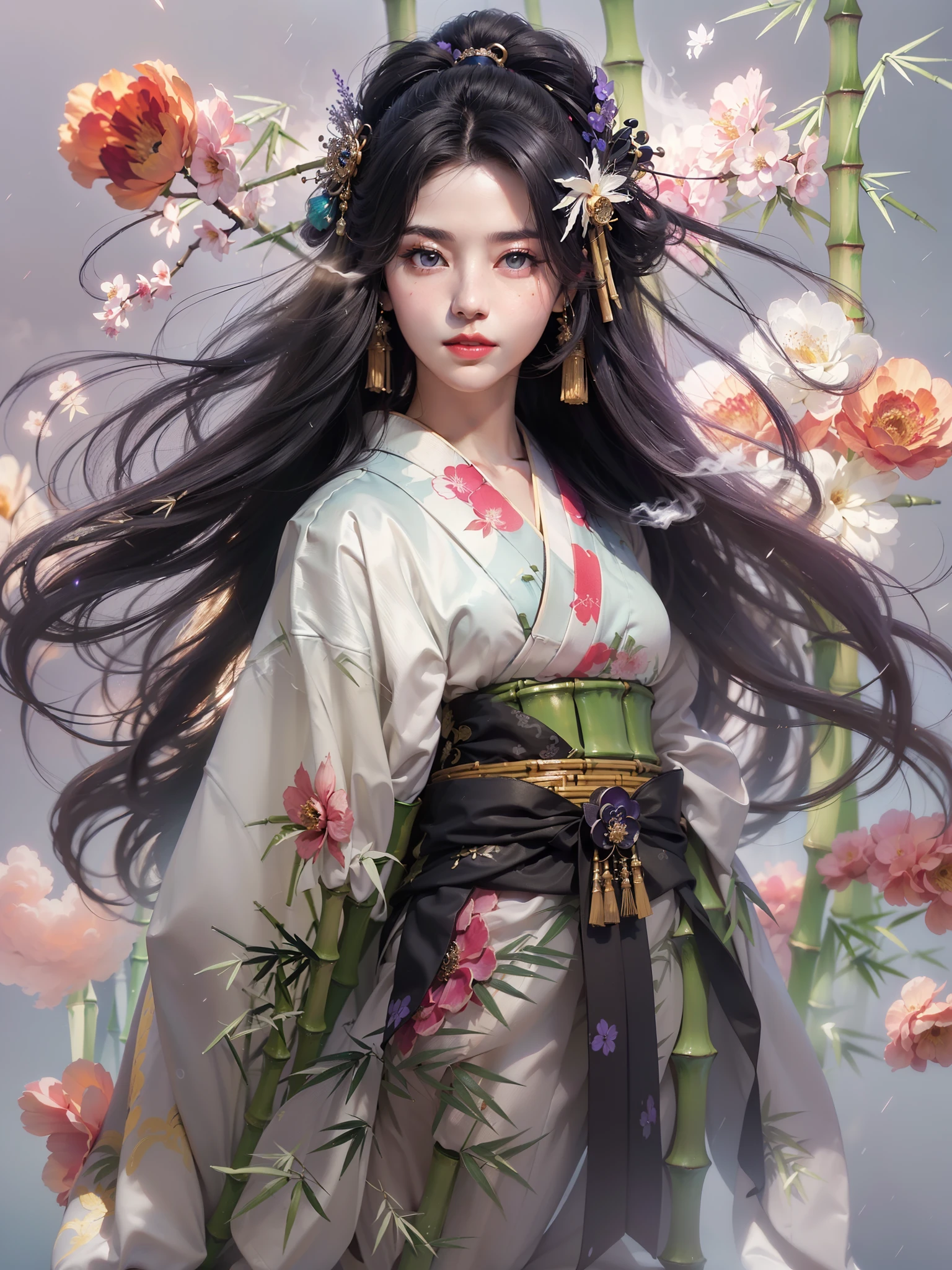 (Numerous award-winning masterpieces, with incredible detail, textures and maximum detail), (hyper realistic:1.4), (realistic:1.3), (Full body image:1.9), (upper body up:0.2), (transparent strangely white skin with the highest quality realistic texture), (The one she holds in her hand is a straight Japanese sword with delicate decorations that emits a mysterious light: 1.8), (Geisha warrior swinging a sword: 1.8), (five perfect and beautiful fingers:1.4), (Japanese folktale geisha warrior: 1.8), (Beautiful long black hair fluttering in the wind:1.8), (Her hairstyle is a beautiful Japanese geisha hairstyle:1.8), (Her hair is decorated with lots of kanzashi, a Japanese hair ornament: 1.4), (wearing a decadent and extravagant Japanese kimono: 1.8), (She has a smile on her blood-red lips: 1.7), (Japanese dark eyes with precise circular symmetry), (Detailed and breathtakingly beautiful face: 1.6), (Image of aesthetic and decadent atmosphere: 1.8), (fair but beautiful skin and face: 1.6),  (wearing many decadent and delicately crafted accessories: 1.8), (Bioluminescent bright black eyes: 1.7), (Depraved Beauty: 1.8), (A pair of black eyes with strong black light emitting from within:1.7), (Less skin exposure:1.5), (Strong moonlight shining from overhead: 1.7), ((dramatic photo)), ((cinematic light)), (Full body image:1.9), (looks up), (looking down), (dramatic pose), (smoke effects and bewitching light:1.4), beautiful white hair, beautiful silver hair, (Bamboo thicket: 1.8), Wind Effects, (Cherry blossom petals falling in the wind: 0.8), (Lightning running in the sky:0.8), wind and rain, (Drifting purple smoke: 1.3), (Dark nights, full moon nights, crescent moon night), epic realistic, faded, ((neutral colors)), art, (hdr:1.5), (muted colors:1.2), hyper detailed, (art station:1.5), cinematic, warm lights, light effect, dramatic light, (intricate details:1.1), complex background, (Greg Rutkowski:0.8), (teal and orange:0.4),