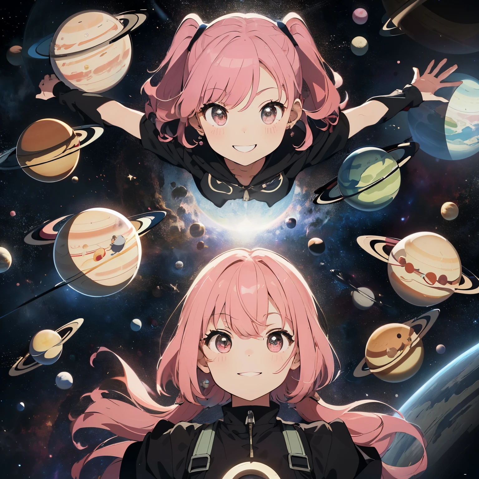 (circle:1.4),,(planets like the solar system:1.35),(A hole like a warp hole with a fantastic pattern in the center:1.2),(20 people in total:1.5),Chibi,cute,smile,girl,In 2024,(pink hair:1.2),