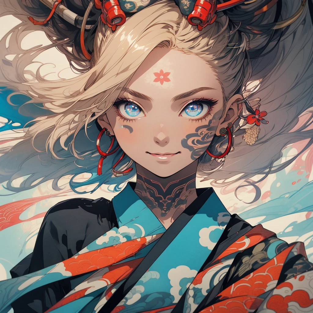 (((highest quality))),(((detailed eyes))),(((32k))),1 girl,hair,(tattoo),cyber punk,kimono,Luxurious and gorgeous,Shiny skin,earrings,flashy,((Super beautiful woman)),perfect face,Japanese sword,ultimate texture,official art,Ukiyo-e,stylish,photograph,perfect body,smile,Bewitching,Highest image quality,distinct,real,fantasy