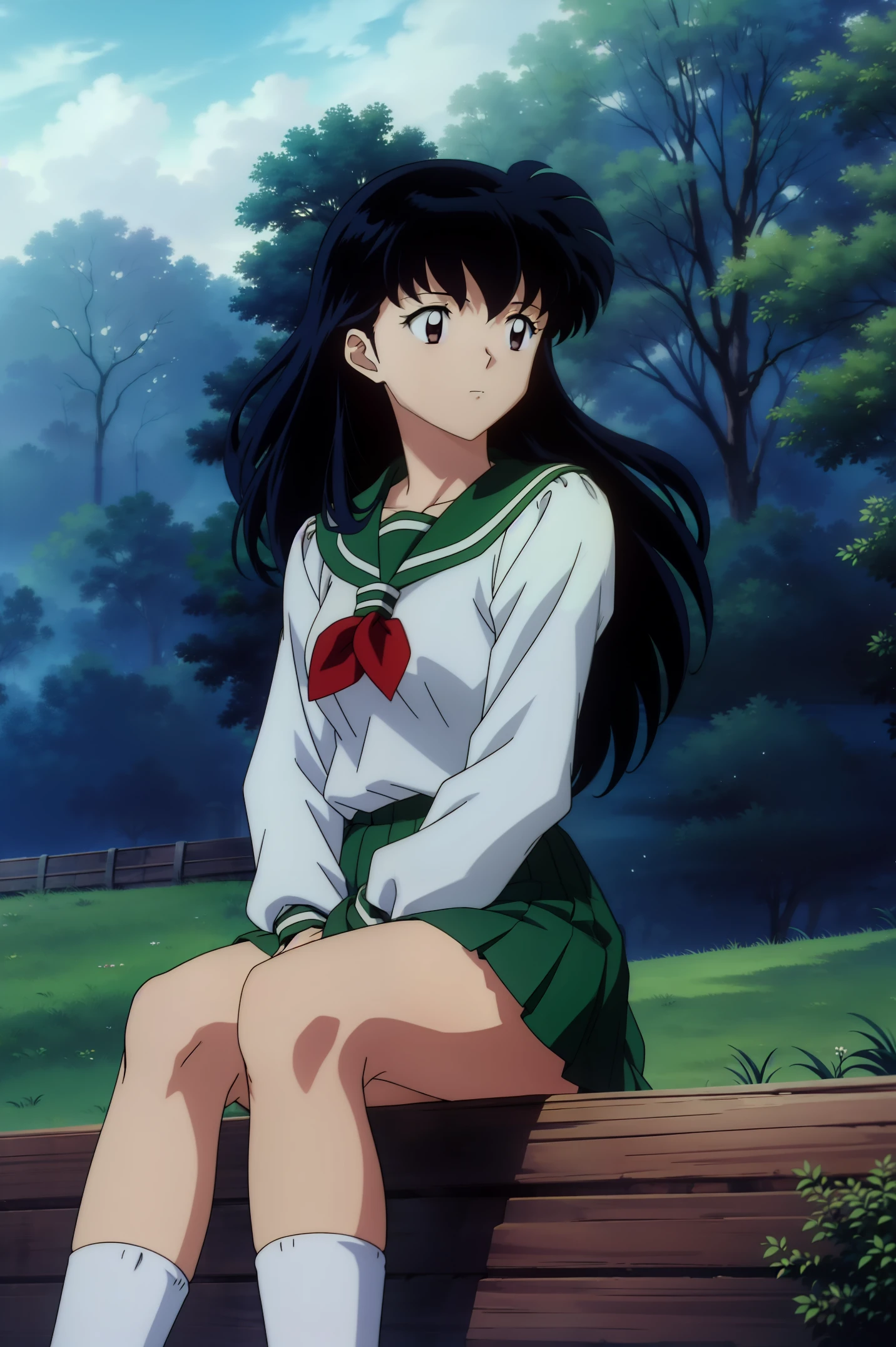 (best quality, masterpiece, highres), kagome higurashi, 1girl, solo, green school uniform, green legs, long sleeves, white socks, sitting, scenery