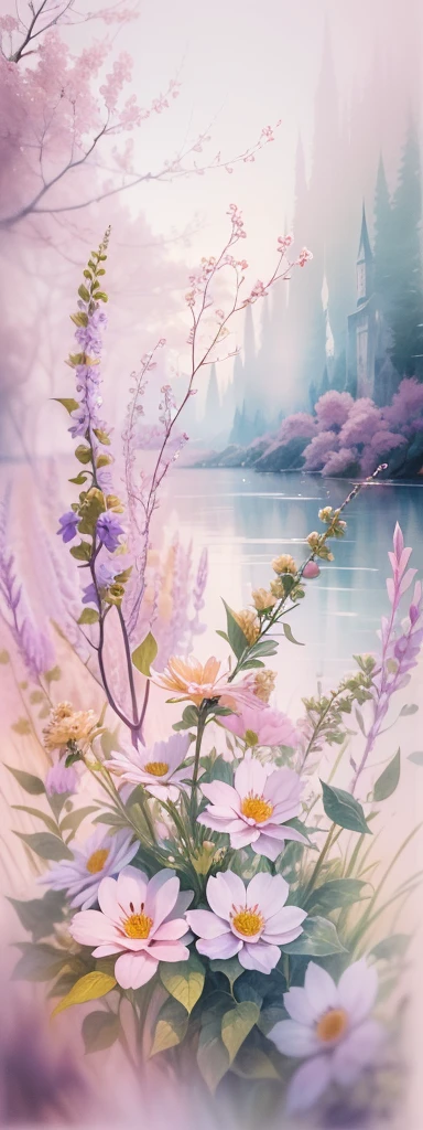 (watercolor art),In this ethereal scenery, Dreams and reality are intertwined. The air is filled with the intoxicating fragrance of flowers, Exquisite perfume symphony. Flowers seem to release the soul, Their essence blends with the fragrant breeze that caresses the skin.Romantic and ethereal,Impressionist lighting,Soft and delicate brushstrokes,