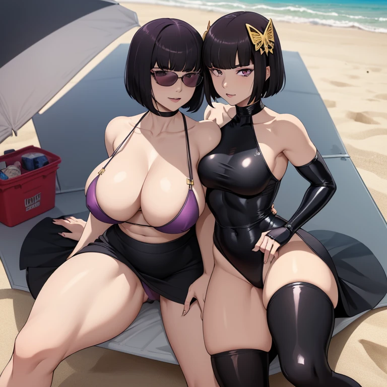 Black bob cut hair, purple eyes, adult female, pale skin, seductive, muscular abs, covered abs, fit, big butt, wide hips, strong thighs, thick thighs, curvaceous, voluptuous, beach at night, beach sunglasses, latex lingerie dress, tight fit, butterfly shape gold hairpin