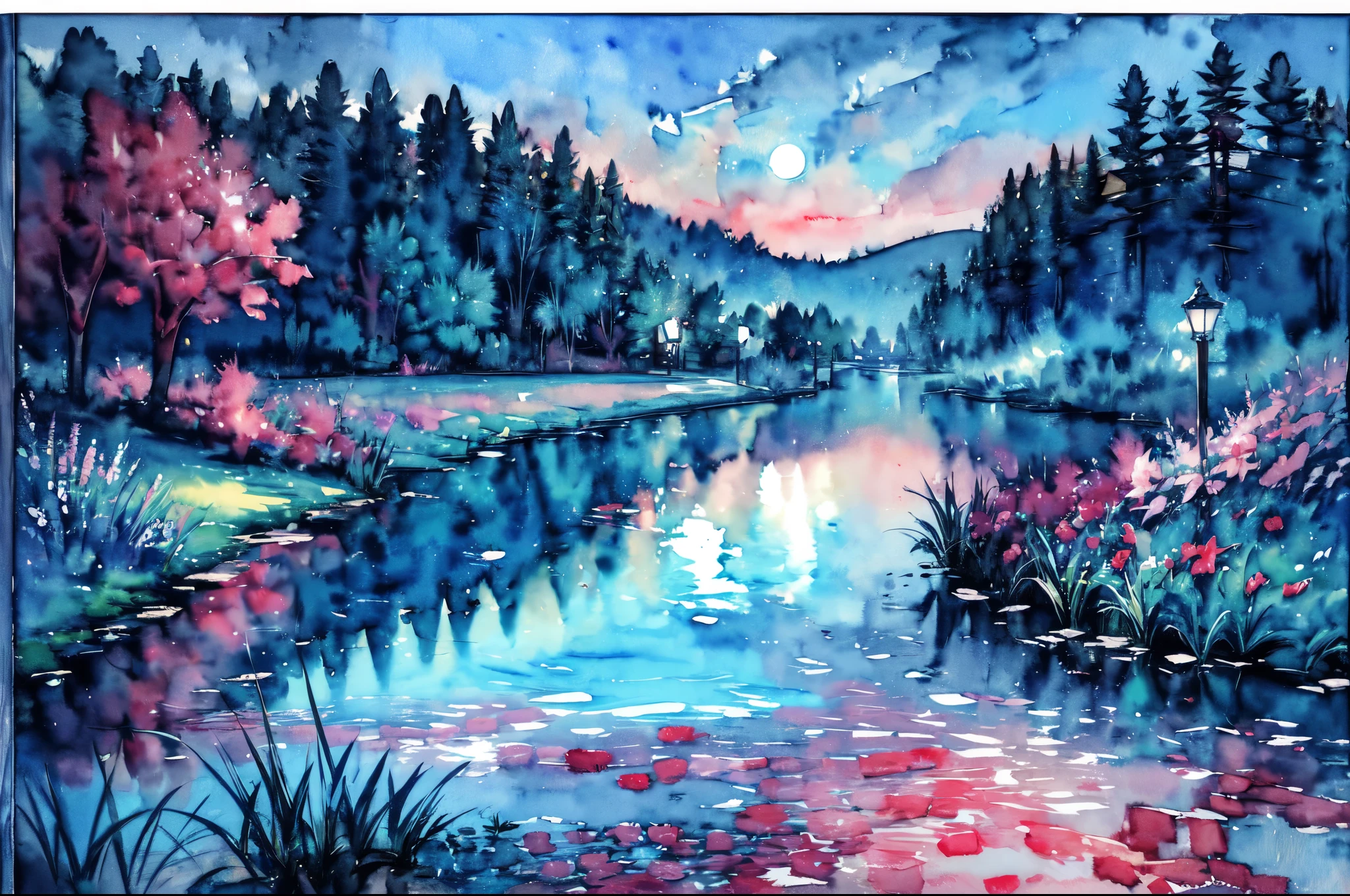 (water color art: 1.5) Watercolor Artwork, a picture of a flower meadow at night, stars above, moon light, lightly clouded, moon rays caressing the flowers, high details, best quality, 16k, RAW, [best detailed], masterpiece, best quality, High Detail, Ultra High Quality, High Resolution, 16K Resolution, Ultra HD Pictures, 3D rendering Ultra Realistic, Clear Details, Realistic Detail, Ultra High Definition