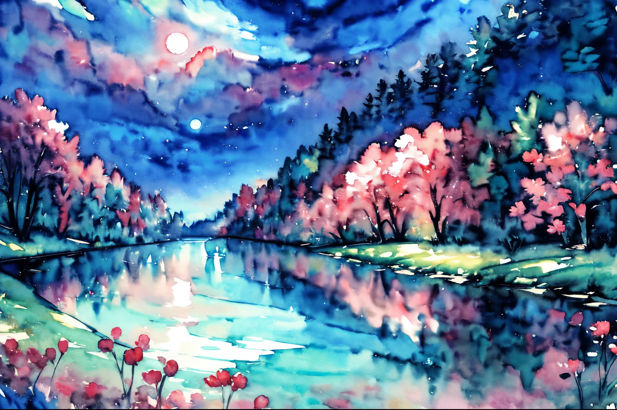 (water color art: 1.5) Watercolor Artwork, a picture of a flower meadow at night, stars above, moon light, lightly clouded, moon rays caressing the flowers, high details, best quality, 16k, RAW, [best detailed], masterpiece, best quality, High Detail, Ultra High Quality, High Resolution, 16K Resolution, Ultra HD Pictures, 3D rendering Ultra Realistic, Clear Details, Realistic Detail, Ultra High Definition