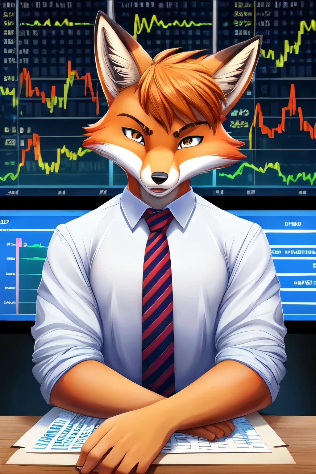 shirt and tie fox logo demonstrating confidence and power, with financial market charts in the background