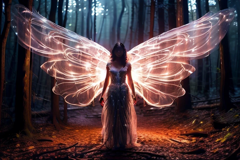 photorealistic,realistic,photography,Masterpiece,best quality,Very detailed,1 girl,Glowing wing,pink wing,set,wing,forest,