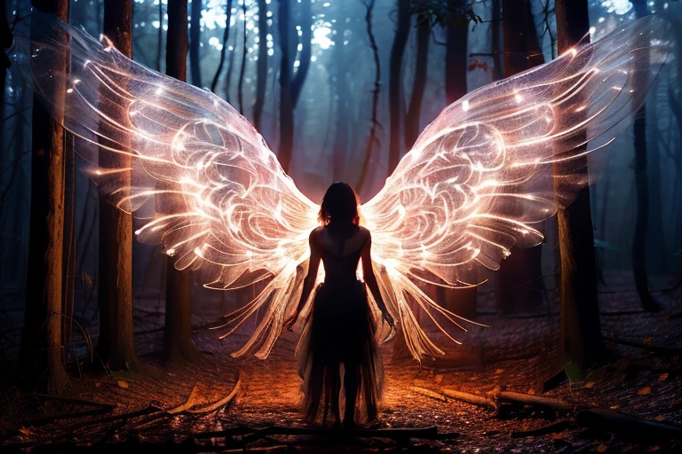 photorealistic,realistic,photography,Masterpiece,best quality,Very detailed,1 girl,Glowing wing,pink wing,set,wing,forest,