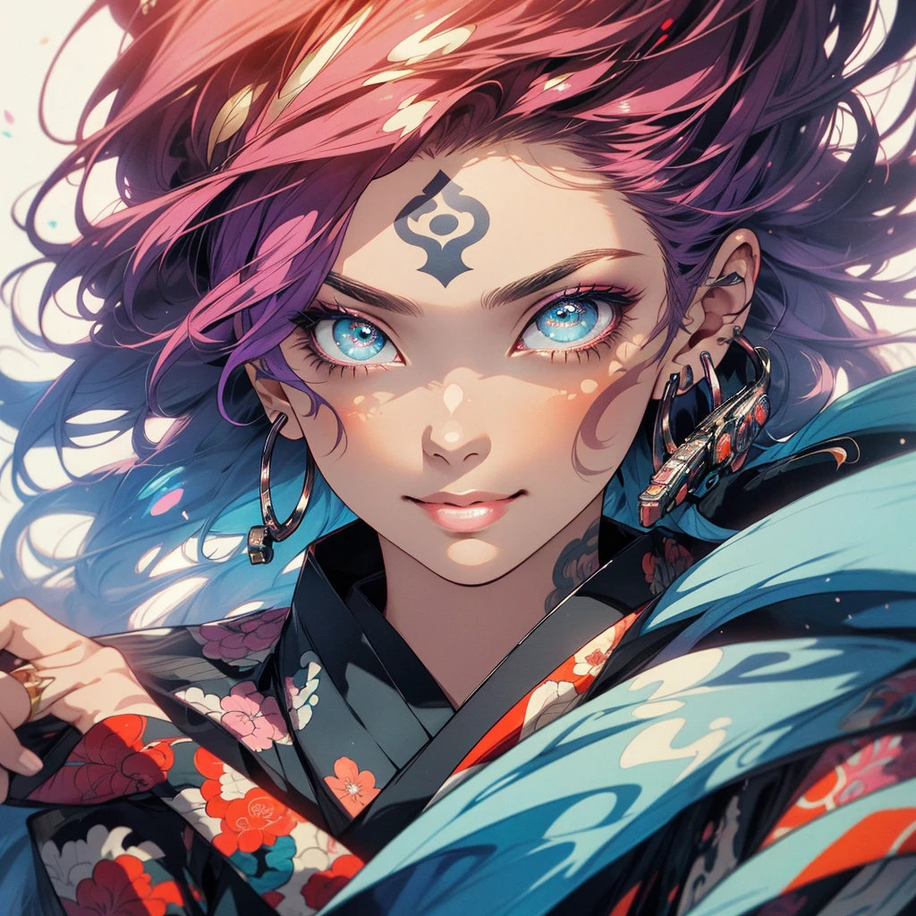 (((highest quality))),(((detailed eyes))),(((32k))),1 girl,hair,(tattoo),cyber punk,kimono,Luxurious and gorgeous,Shiny skin,earrings,flashy,((Super beautiful woman)),perfect face,Japanese sword,ultimate texture,official art,Ukiyo-e,stylish,photograph,perfect body,smile,Bewitching,Highest image quality,distinct,real,fantasy,Different eye color