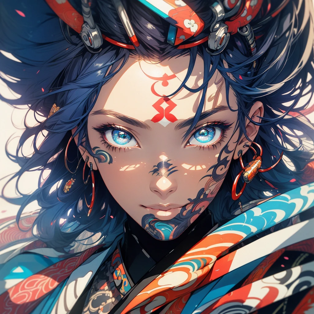 (((highest quality))),(((detailed eyes))),(((32k))),1 girl,hair,(tattoo),cyber punk,kimono,Luxurious and gorgeous,Shiny skin,earrings,flashy,((Super beautiful woman)),perfect face,Japanese sword,ultimate texture,official art,Ukiyo-e,stylish,photograph,perfect body,smile,Bewitching,Highest image quality,distinct,real,fantasy,Different eye color