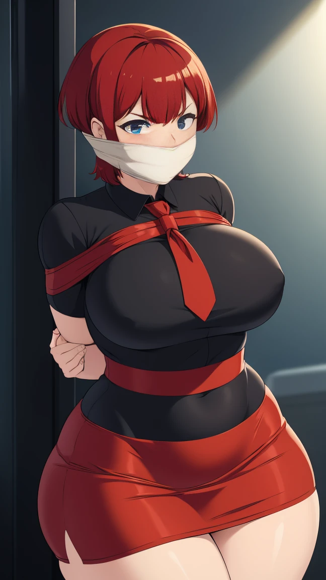 (masterpiece, best quality), 1girl, red hair, short hair, bangs, Slim, (Wide hips, Thick thighs), Scared, Slender, view the viewer, angry, bound arms, arms back behind, (Dress black shirt, red  tie,  white pencil skirts), in office buildinasterpiece), absurderes, Intricate details, Improvised gag, tape gag, gagged, tape bondage