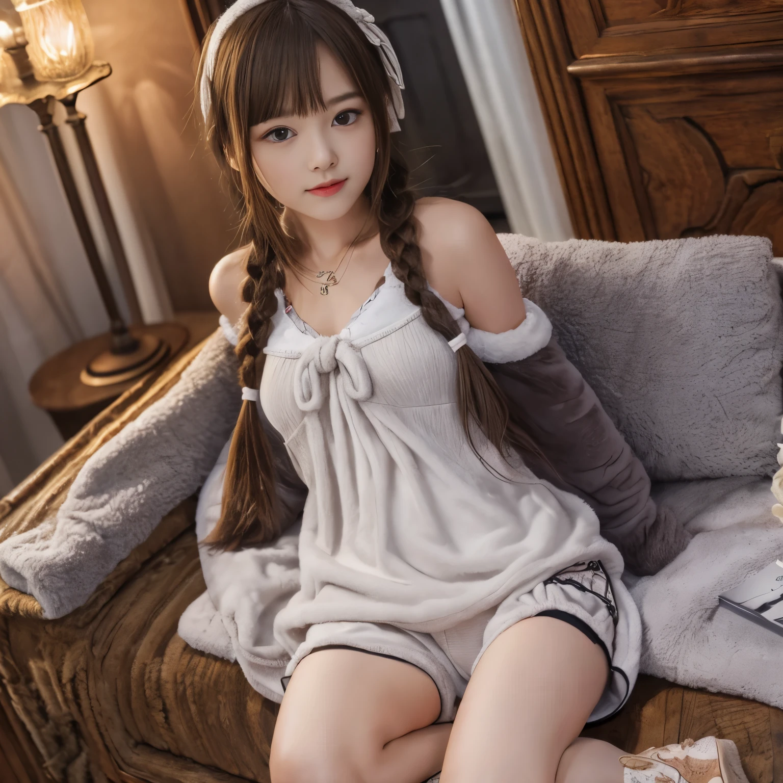 pure, 1 girl, High quality, best quality, illustration, Masterpiece, (Highly detailed:1.2), (very detailed:1.3), Flat chest, bare shoulders, young girl, Boa Fleece Casual Set, White nightgown, ribbon rope, shorts, braid, small, Curvy loli, in home