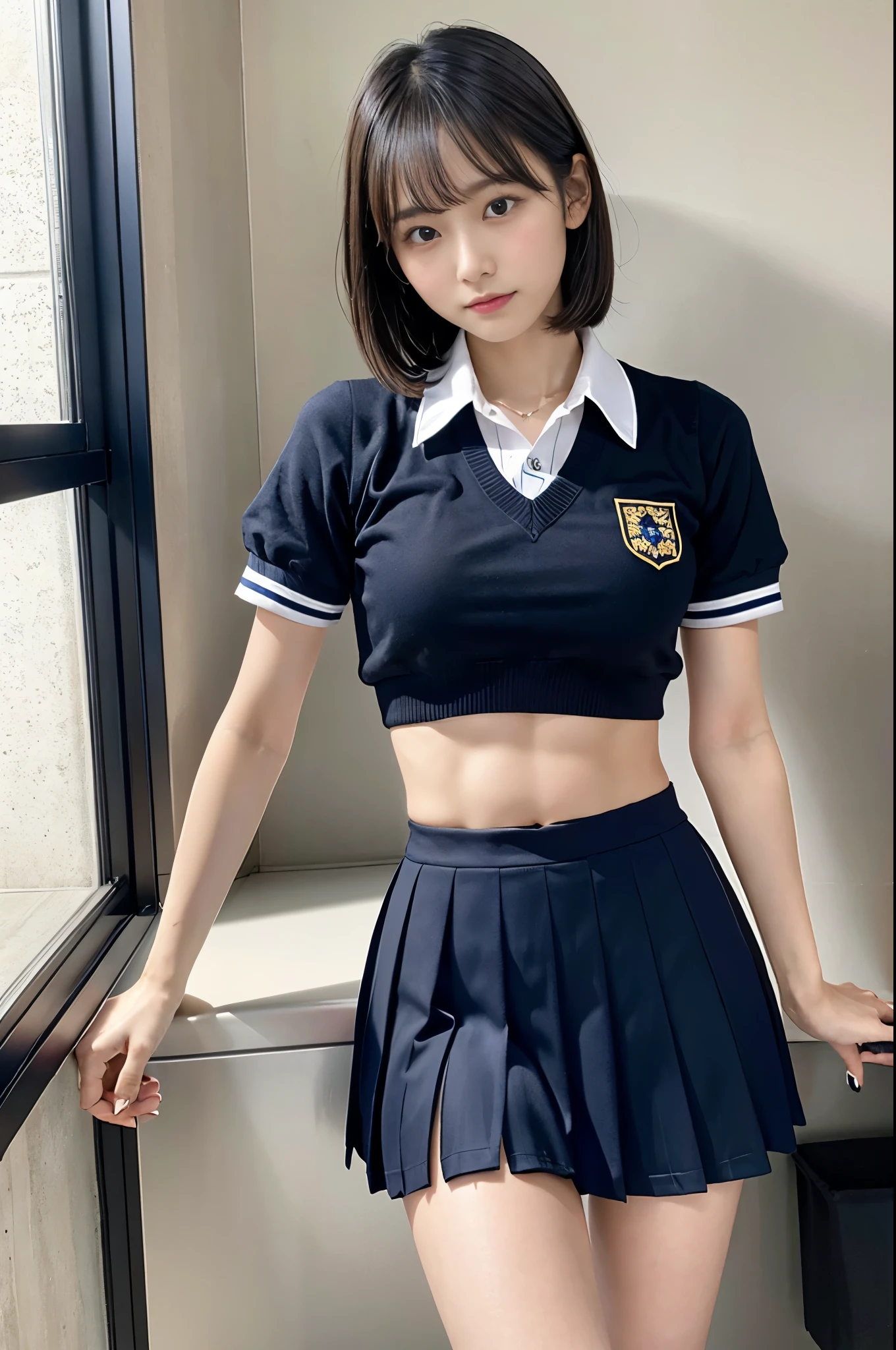 raw photos, best quality, masterpiece, epic, highest detail, 18 years old, 1 japanese idol girl, black short hair, (wearing a school uniform:1.3), navy bloomer, ((exposing the navel)),  (six pack abs:1.2), at the restroom in the high school, slim body, huge breast, angry, indoor