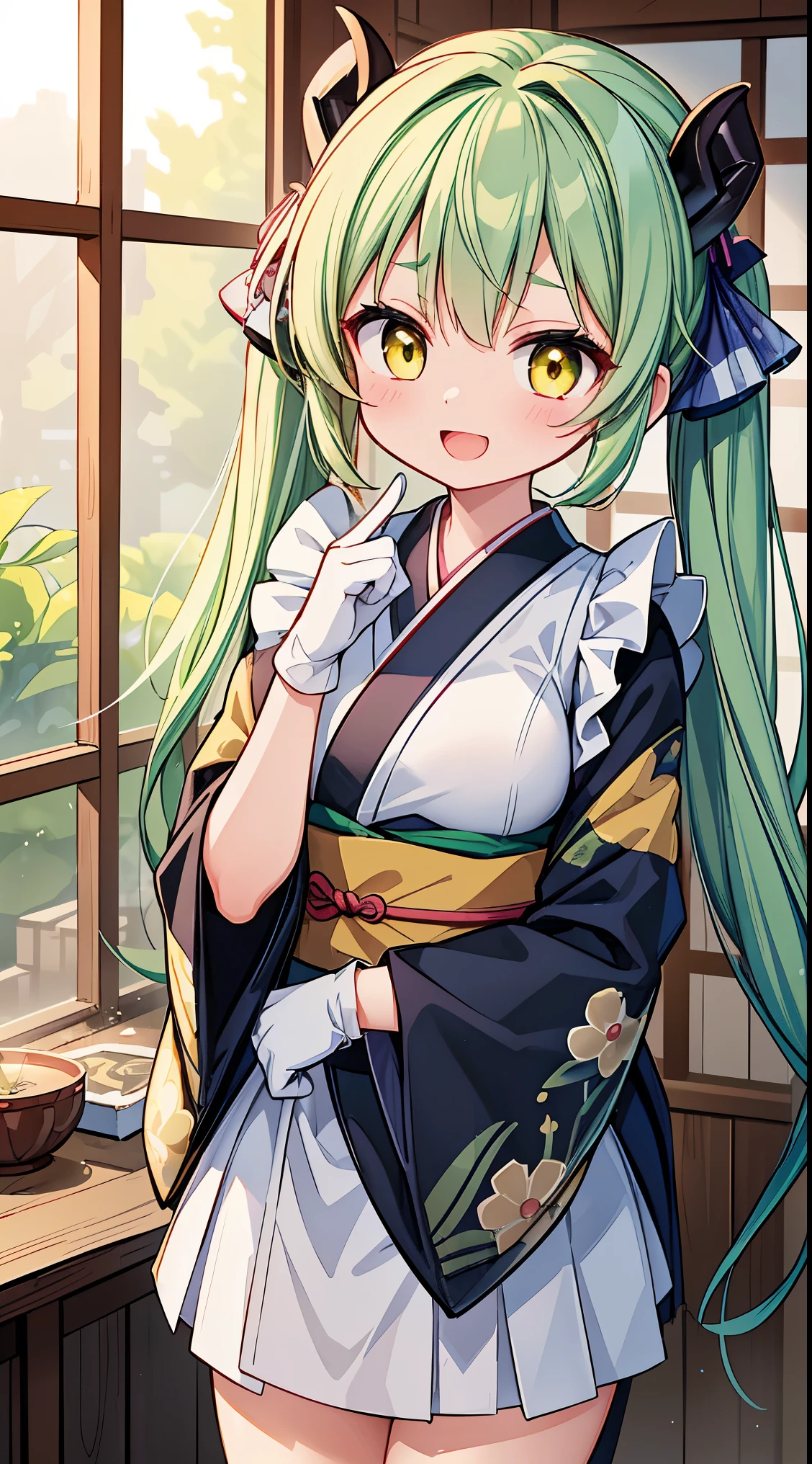 (masterpiece, top quality, best quality, official art, beautiful and aesthetic:1.2),ultra-detailed,intricate details,amazing illustration,award-winning art,atmospheric,
BREAK, 1 beautiful girl, (17 yrs old girl),Solo,(cute:1.5),(chibi:0.6),(kawaii:1.5),(loli:0.5),BREAK, :d, (twintail, green hair, horns, long hair:1.35), (yellow eyes, double, slanted eyes:1.45), blush, double teeth, ((D cup breasts))), heart, gaze, maid, /maid dragon/, dragon tail, (long eyelashes, double eyelids, fine eyebrows:1.2), solo, glowing skin, clear skin, beautiful skin, (top quality face), (top quality slanted eyes), maid outfit, gloves, open mouth, short sleeves, smile, white gloves,(The best smile,Doya face:1.45), BREAK,
sitting, seiza, (green tea:1.2), (chasen, chado, sado, yunomi, chaki:1.3),centered, looking at viewer, hands on stomach
BREAK japanese clothes, kimono, flower printed kimono, long skirt
BREAK japanese room, tatami, shou BREAK,wakame,wakame,wakame,(Cowboy Shot:1.4),
BREAK,(Blurry background:1.3),(absurderes, hight resolution, Super Detail Art),cel shading,Clear Color, Lonely optical effect, Beautiful pictures, Bright glow, mystic atmosphere,(Close-up of girl:1.1), Mystical light particle effect,manga influence, clean line drawings,