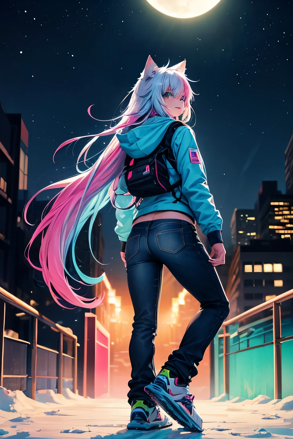 Top quality, high resolution, perfect human structure, from behind, snowboarding, jumping, graphic design, seven-color hair, glowing hair, cat ears, hoodie, jeans, neon colors, colorful, moon, northern lights, night, city, standing, heterochromia, teeth, shining hair, gradation eyes,