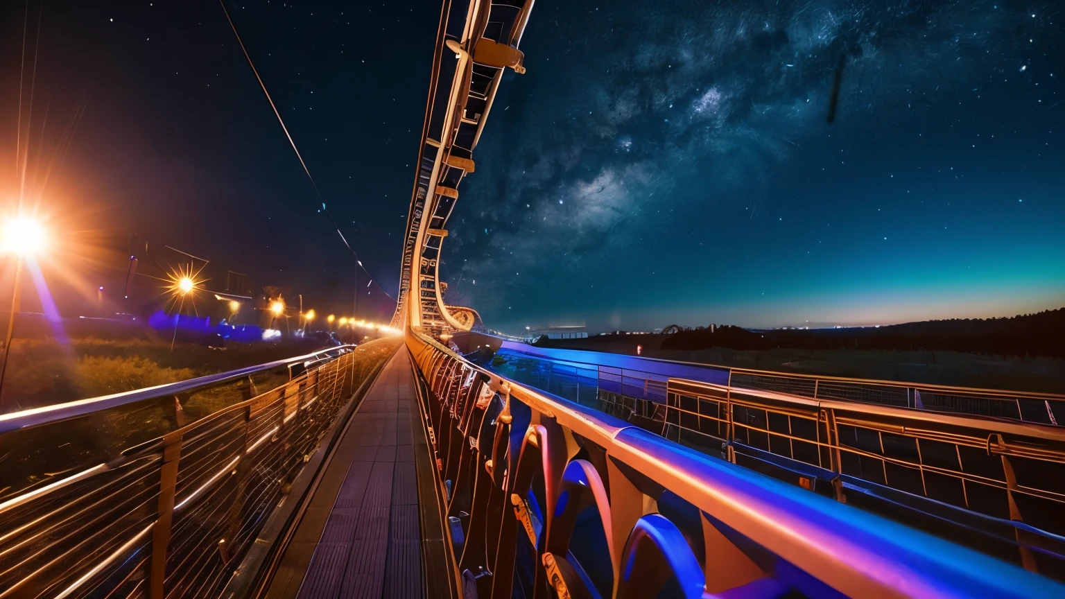 A roller coaster running with people in space without tracks