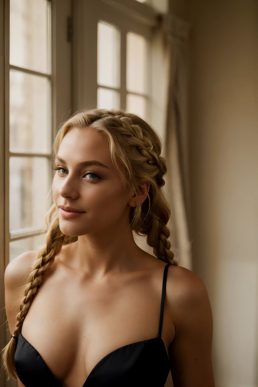 award winning glamour photograph,((best quality)), ((masterpiece)), ((realistic)), piercing eyes, looking straight, very happy, blonde hair, quad braids, afternoon light, slim waist,
