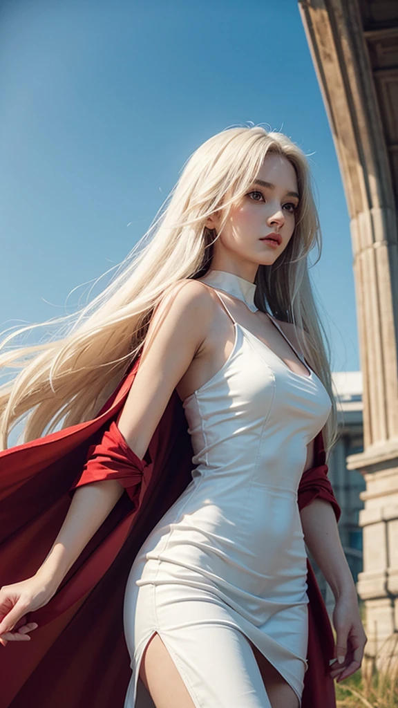 Young woman, White dress, red cloth, long hairมาก, long hair, Huge breasts, big breast, Breast augmentation, small waist, thin body, majestic, Charming Succubus, Short white dress, tight fitting, gold pattern, Red coat, Cloak of Float, Low-angle shots, Walking posture, sky backdrop, cliff, meadow