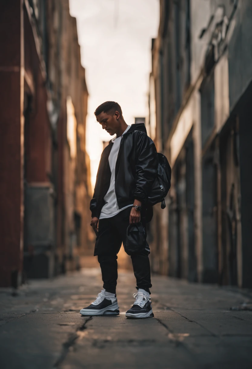 Dynamic angle photoshoot, low angle, sneaker pov, cyberpunk man wearing sneakers, soft lighting, on the streets