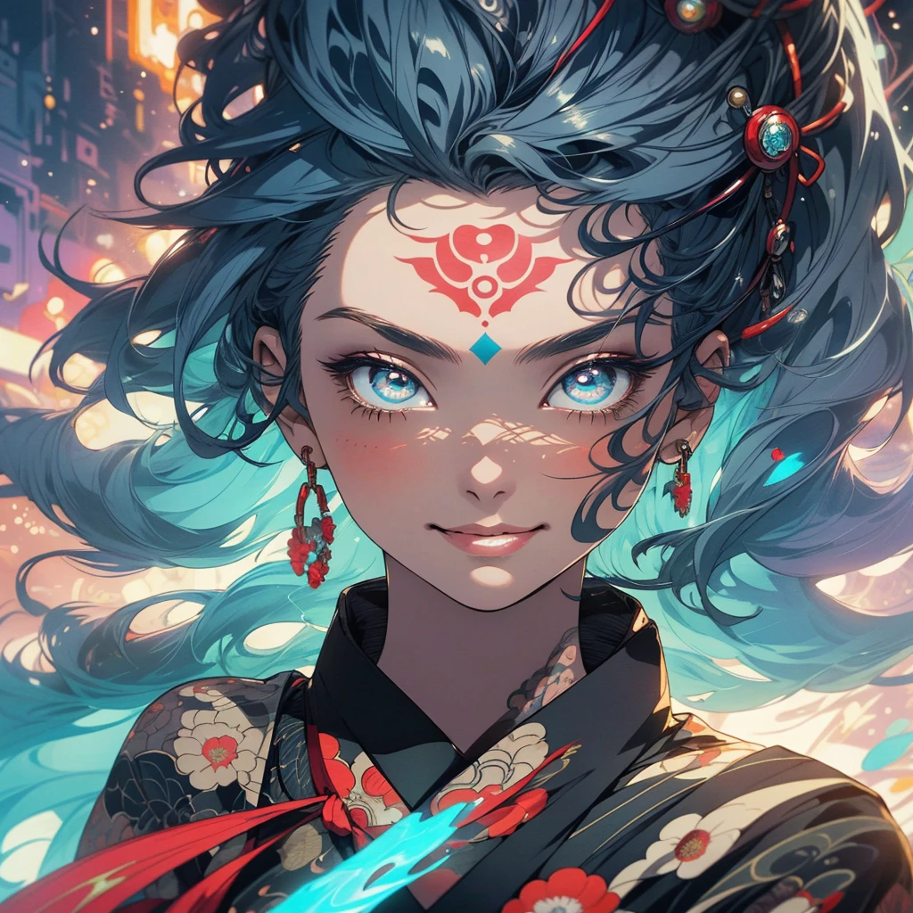 (((highest quality))),(((detailed eyes))),(((32k))),1 girl,hair,(tattoo),cyber punk,kimono,Luxurious and gorgeous,Shiny skin,earrings,flashy,((Super beautiful woman)),perfect face,Japanese sword,ultimate texture,official art,Ukiyo-e,stylish,photograph,perfect body,smile,Bewitching,Highest image quality,distinct,real,fantasy,Near the future,