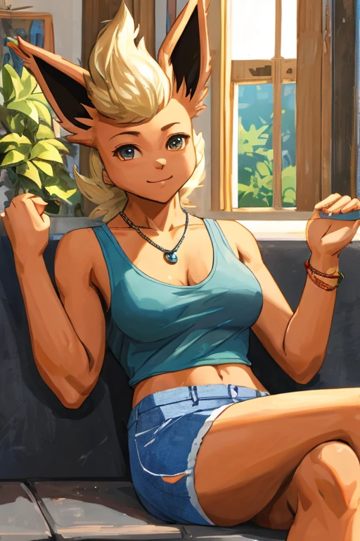 ((Flareon)), anthropomorphic, big , big , pokemorph, (((1girl))), (((black cropped tank top))), (denim short shorts), (black sneakers), cute and , slender, red skin, (necklace), long legs, smiling