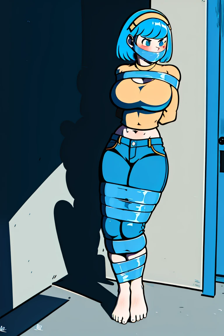 amelia n. with blue hair, masterpiece, (best quality), perfect eyes, bound, bondage, (arms behind back:1.4), bdsm, tape gag, tape, tape bondage, restrained, best anatomy, upper body, wearing tight orange crop top, jeans, yellow hairclip ,(stand pose), (full body shot),(toes to head view)
