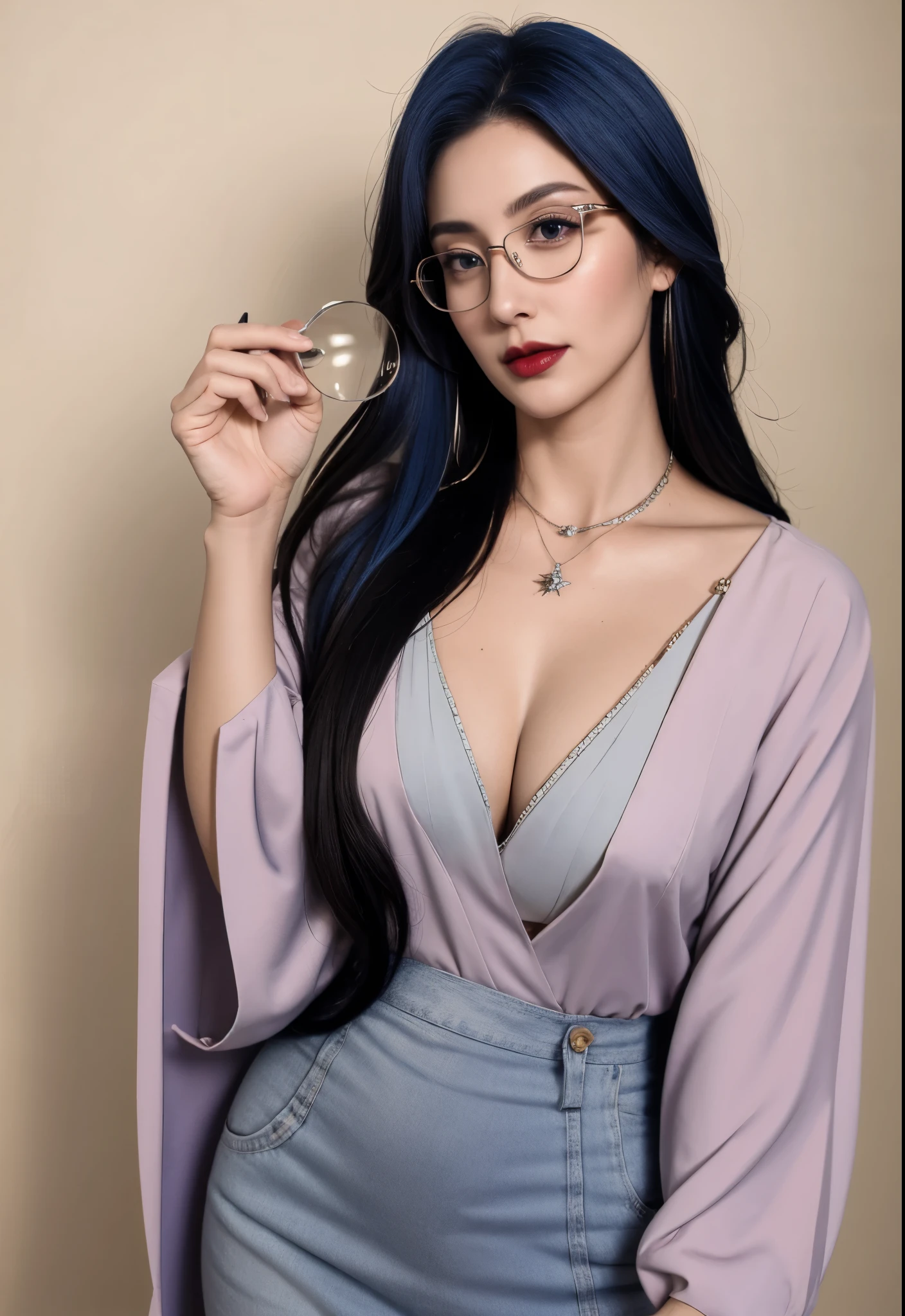 masterpiece, best quality, a woman, Official, plump, cowboy shooting, looking at the audience, Bluehaired, Light, delicate eyes, tease, Sexy, c-chameleon, blonde hair, long hair, round glasses, lipstick, [blue eyes|purple eyes, wear glasses, (actual: 1.2), 8k wallpaper, Super detailed, slim waist, hourglass figure，huge_breast。