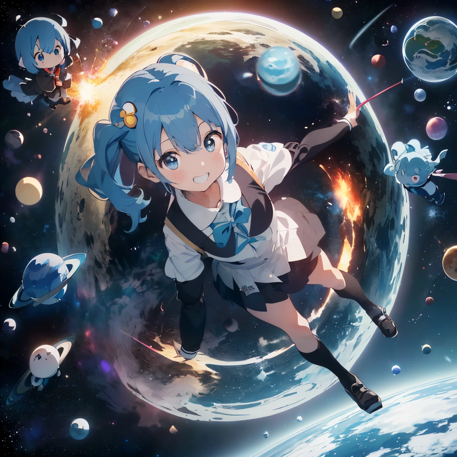 (Circle:1.4),(Mr.々shaped planet:1.35),(中央に幻想的な模Mr.のワープホールのような穴:1.2),(20 people in total:1.5),Chibi,cute,smile,girl,(blue hair:1.2),