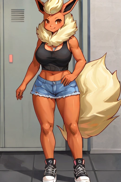 ((Flareon)), anthropomorphic, big boobs, big ass, pokemorph, (((1girl))), (((black cropped tank top))), (denim short shorts), (black sneakers), cute and sexy, slender, red skin, (necklace), long legs, smiling