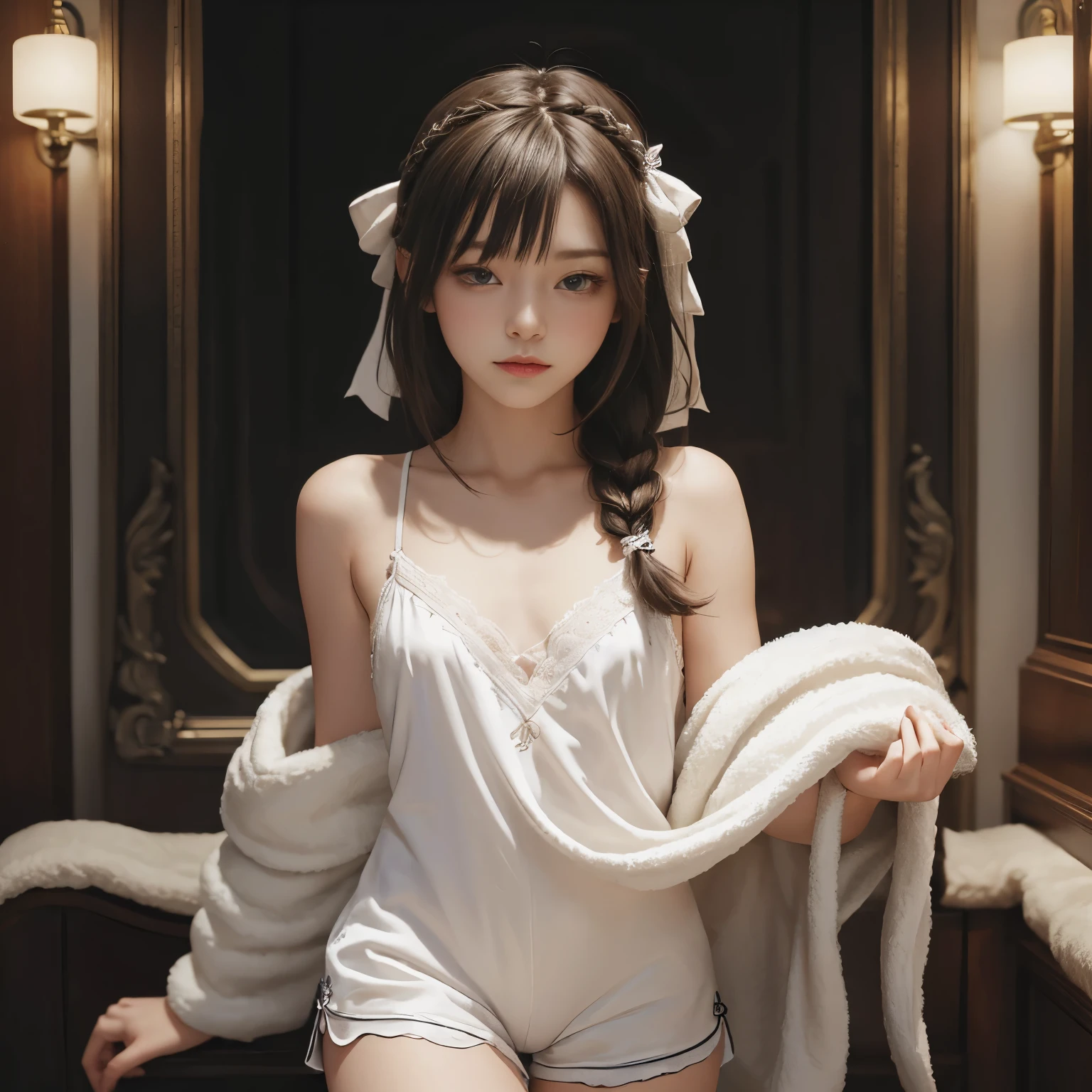 pure, 1 girl, High quality, best quality, illustration, Masterpiece, (Highly detailed:1.2), (very detailed:1.3), Flat chest, bare shoulders, young girl, Boa Fleece Casual Set, White nightgown, ribbon rope, shorts, braid, small, Curvy , in home