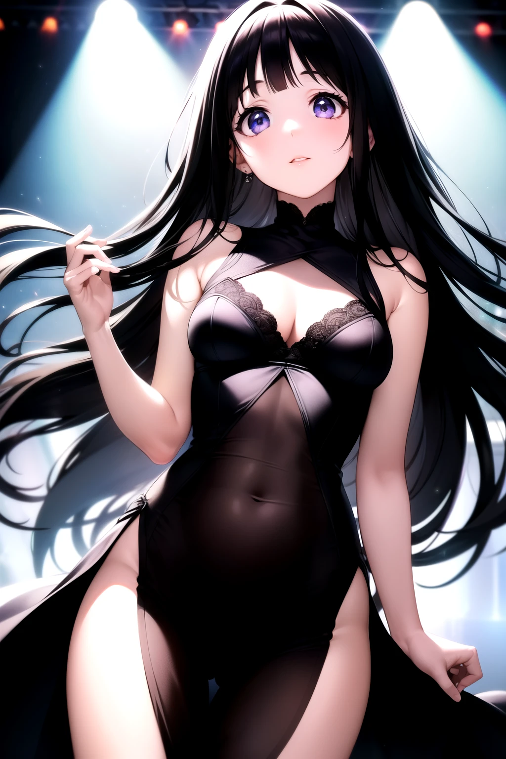 (A superb exquisite Chitanda Eru), (mature face), purple eyes, long black hair, natural straight hair, straight bangs, solo, [Small_breasts: large_breasts: 0.5], normal breasts, (idol, on stage, lights, lasers), extremely delicate, peerless beautiful girl, dreamy quality, exaggerated facial features, solid color, delicate face, bright lips, slender waist, straight curves, soft lights and shadows, super fine, 8K HD, (masterpiece:1.4), (finely detailed beautiful eyes: 1.2)