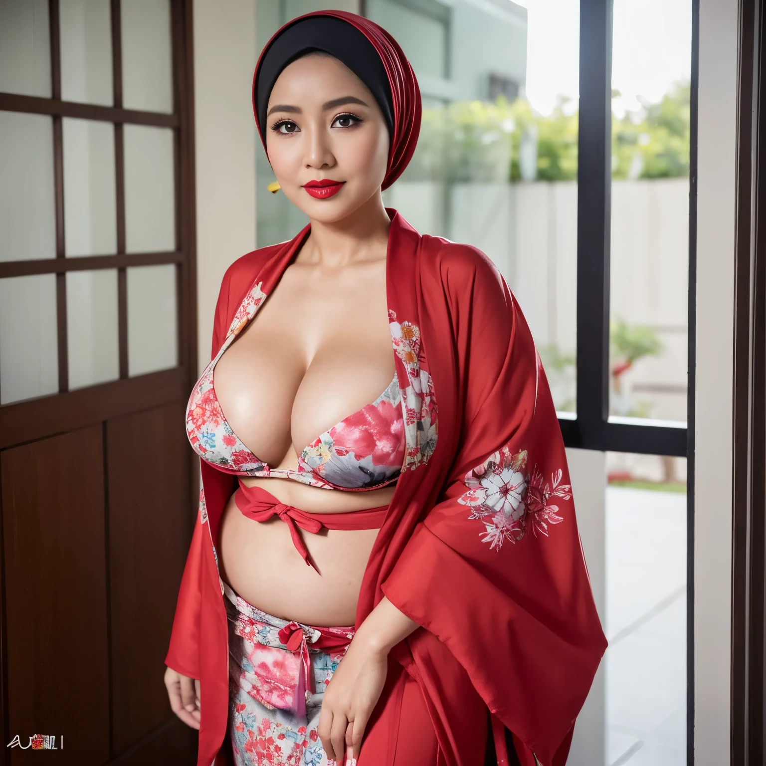 47 years Old, Hijab Indonesian MILF, Sugar Mama, Sensual Red lipstick, Ulta-Gigantic ???? : 158.9, Tight Yukata, Chubby body, at Office, Bright light, at Daytime