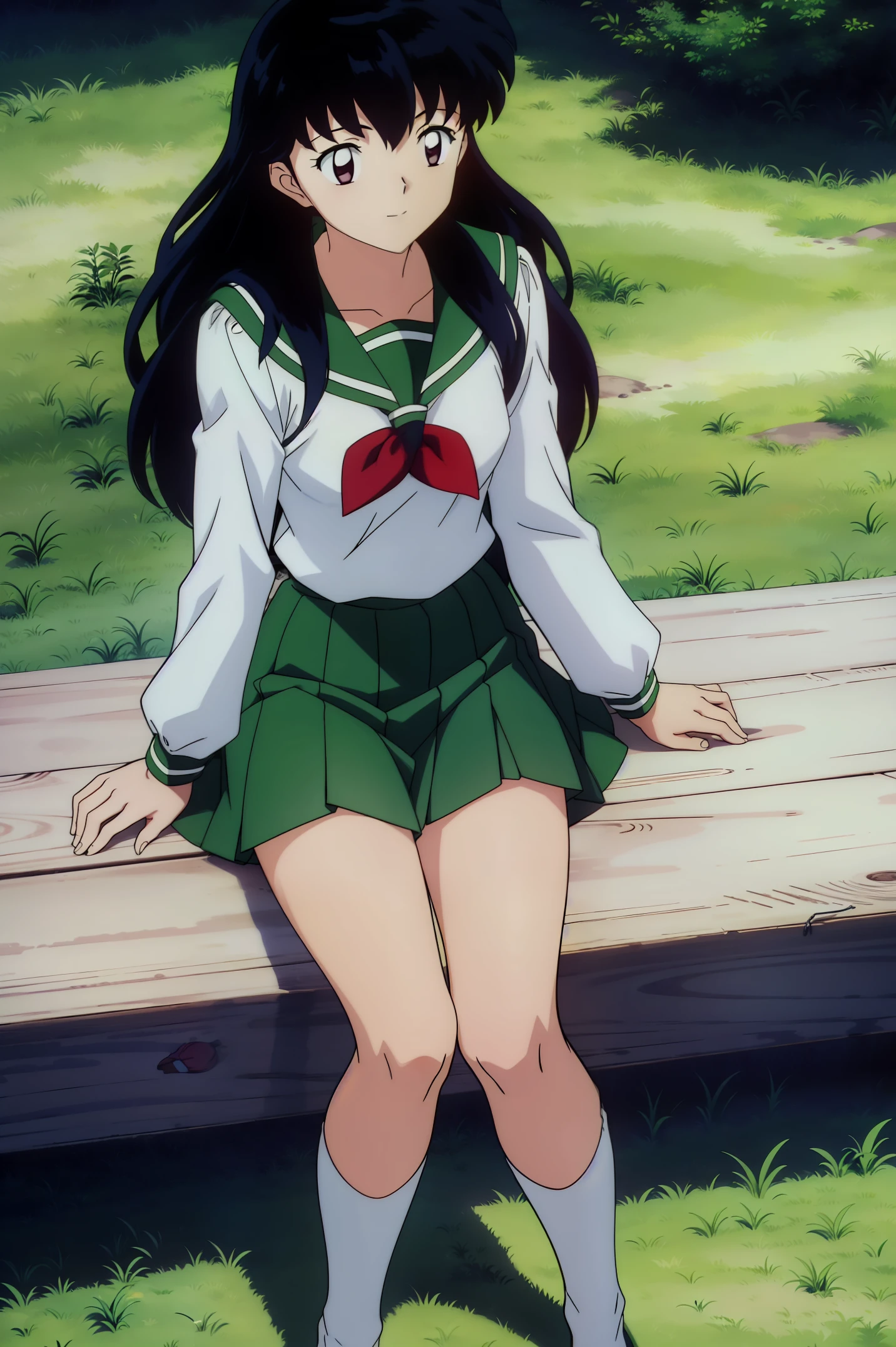 (best quality, masterpiece, highres), kagome higurashi, 1girl, solo, green school uniform, green legs, long sleeves, white socks, sleeping on side , scenery, soft thighs, smile 