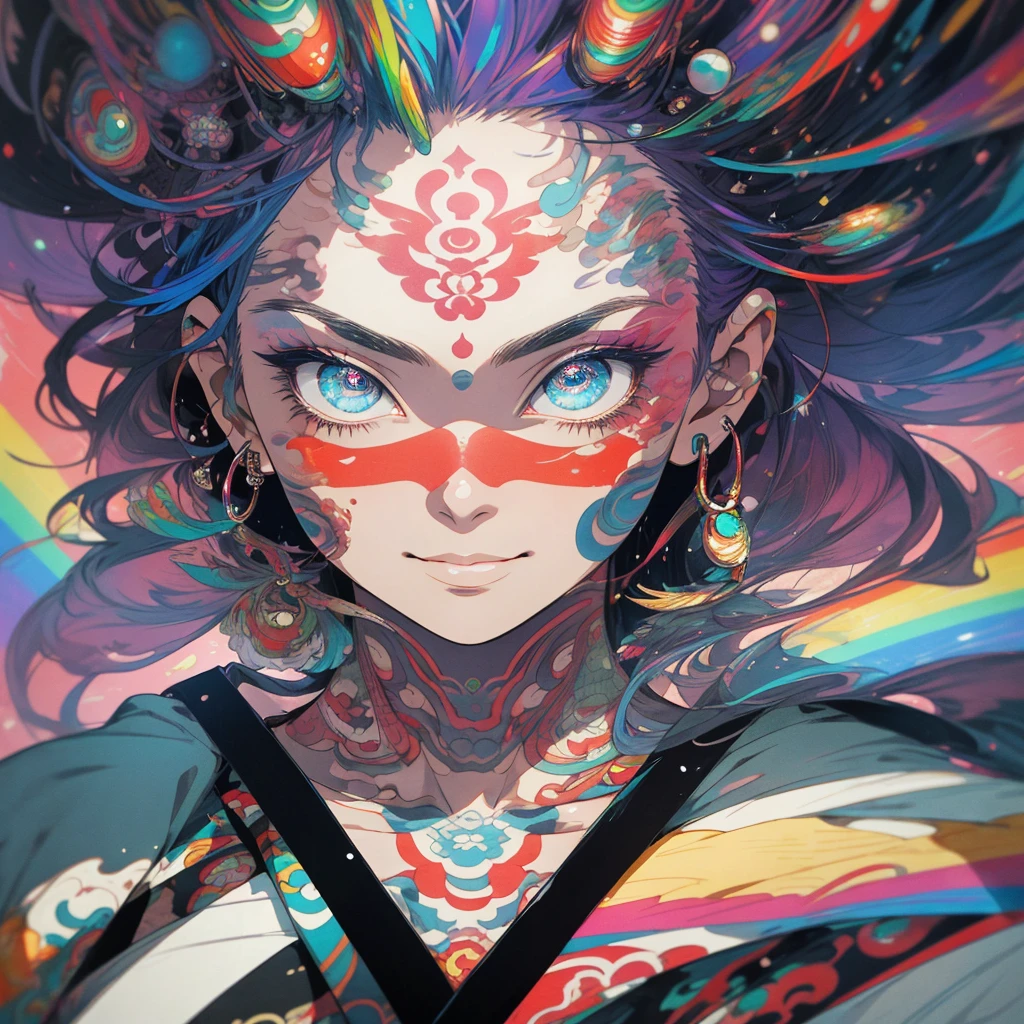(((highest quality))),(((detailed eyes))),(((32k))),1 girl,rainbow colored hair,(Japanese tattoo),cyber punk,Rainbow kimono,Luxurious and gorgeous,Shiny skin,earrings,flashy,((Super beautiful woman)),perfect face,Japanese sword,ultimate texture,official art,Ukiyo-e,stylish,photograph,perfect body,smile,Bewitching,Highest image quality,distinct,real,fantasy,Near the future,