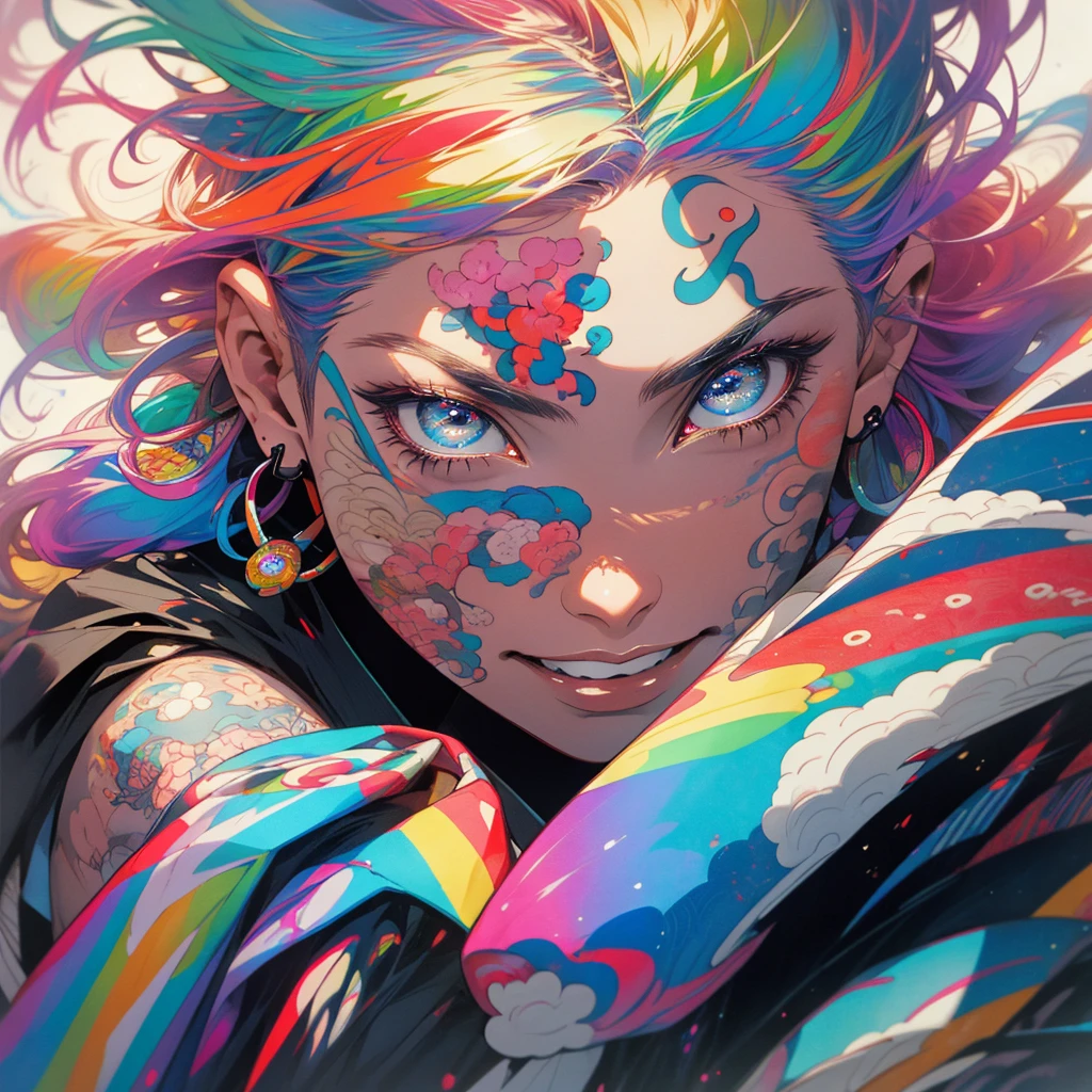 The most beautiful and sexy girl, Rainbow hair, yellow eyes,Nude,swimsuit,open chest, Tons of tattoos and piercings, highly detailed background, The perfect masterpiece, High Quality, high-res, nipple,pussy