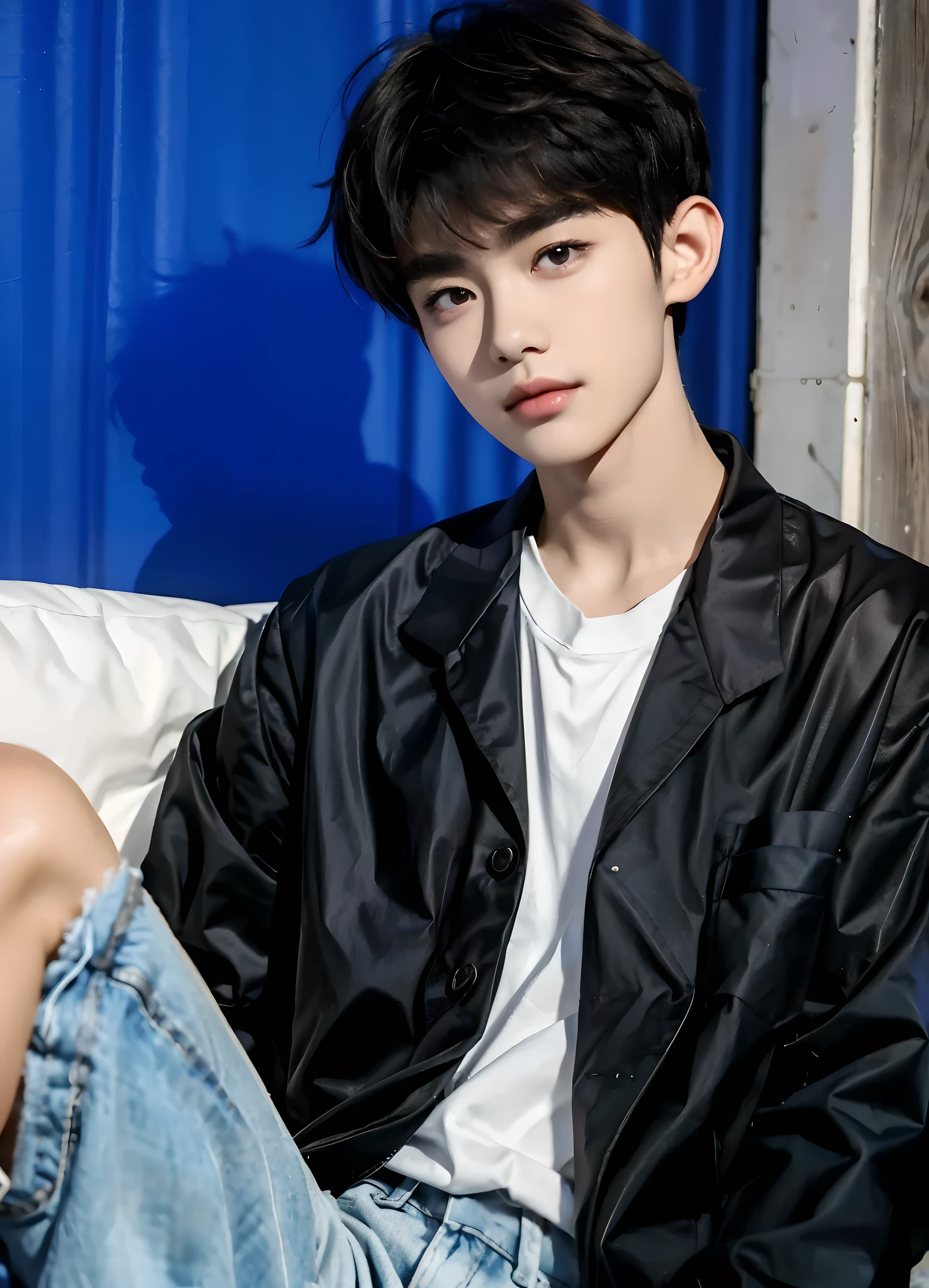 No eyelashes, high quality, 1 boy, male, 16 years old, (((Bangs))), ((black eyes)), 8k, Detailed hair, fine detail, Handsome, round face, Pointed chin