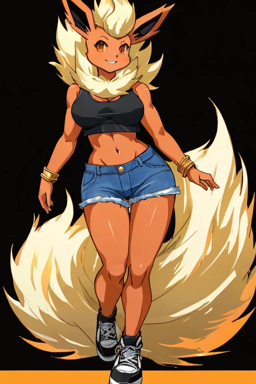 ((Flareon)), anthropomorphic, big breasts, big ass, pokemorph, (((1girl))), (((black bra))), (black Egyptian skirt), (black flats), full body, sexy, fiery red skin, (round glasses), long legs, smiling