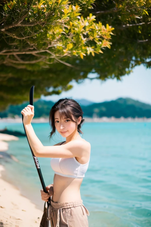 Japanese, woman, 23 years old, hair tied up, Chestnut color, No makeup, double eyelid, D cup, daytime, Ocean, Stand Up Paddleboarding, Vision