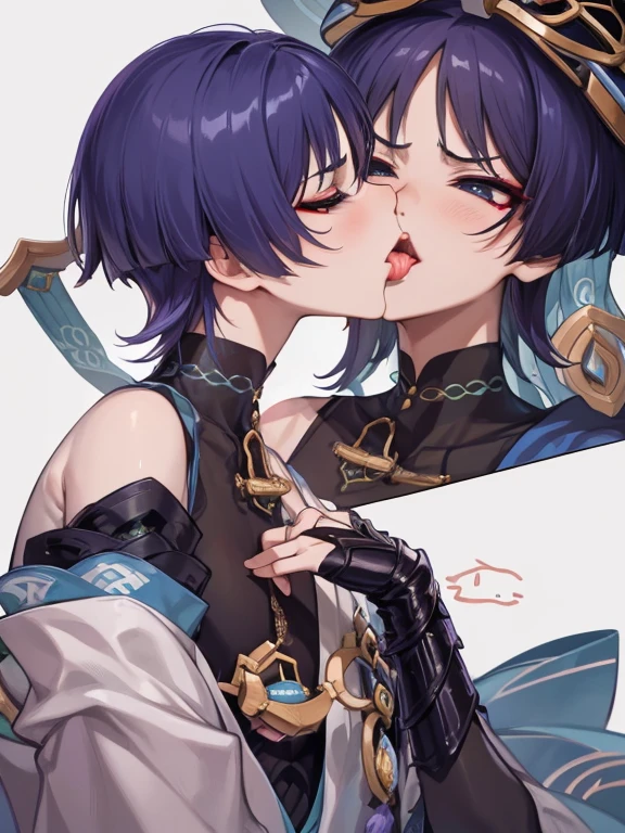 Scaramouche, fellatio, kiss, lick, annoyed, genshin impact, petite, cute, effeminate, best quality,4k,8k,highres,masterpiece:1.2),ultra-detailed