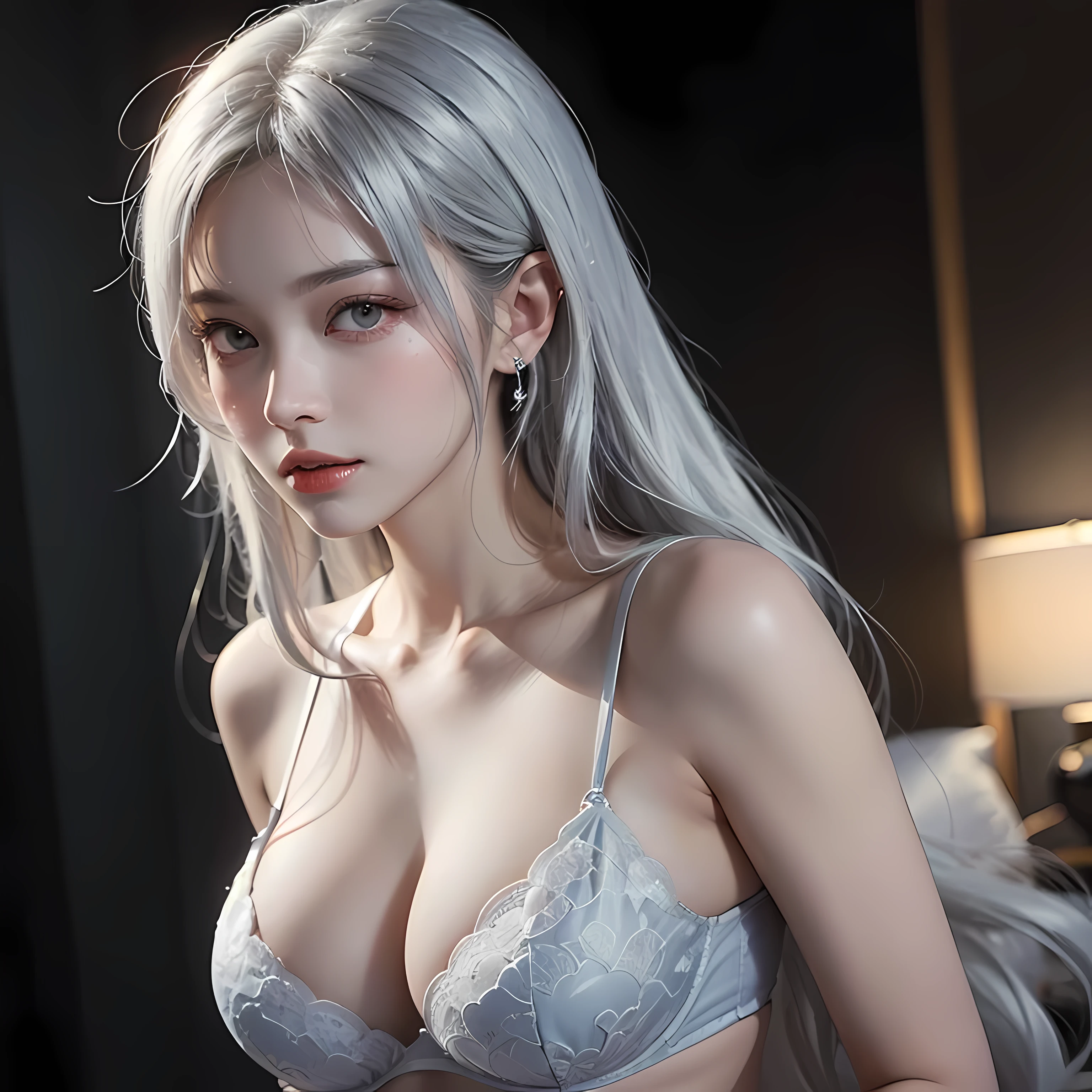 ((best quality)), ((Masterpiece)), (details), Perfect face Realistic 8K photos with extremely sharp details extra sharp ultra realistic lighting a woman with long white hair, Inspiration from Yan Juncheng, Pixieve, Pictures of cute girls, Some gray hair, 19 year old girl, Has long hair and piercing eyes., She wears a blue bra and has large breasts and cleavage..picture, details สีเงิน สีขาว สีแดง, Nightcore, Beautiful and detailed, both body and face