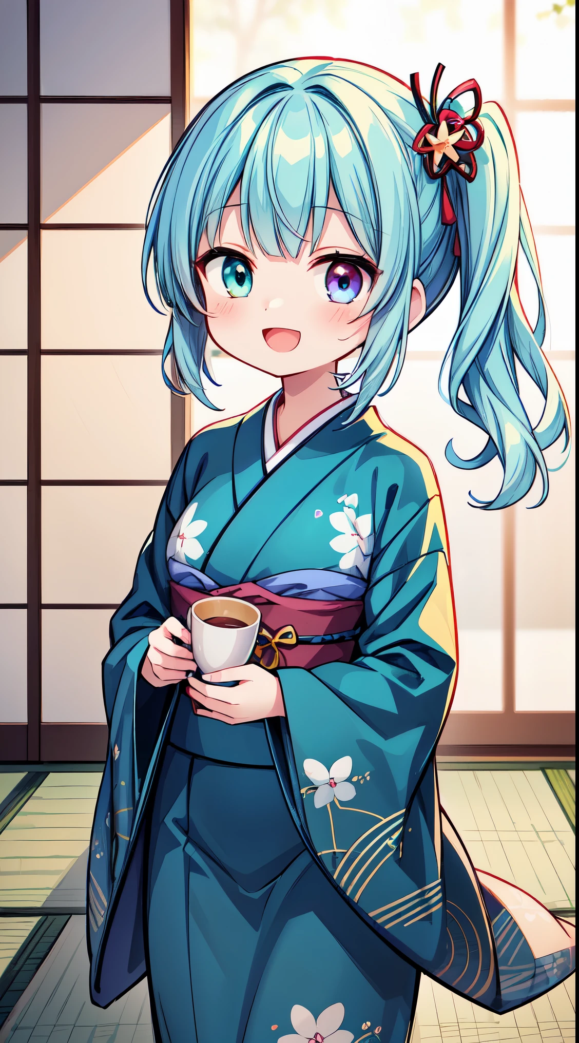 (masterpiece, top quality, best quality, official art, beautiful and aesthetic:1.2),ultra-detailed,intricate details,amazing illustration,award-winning art,atmospheric, 
BREAK,  1 beautiful girl, (17 years old girl),Solo,(Cute:1.5),(Chibi:0.6),(kawaii:1.5),(Lori:0.5),BREAK,(17 years old girl), 1 beautiful girl,Very detailed,colourfull,highest details,Clear skin,Beautiful skin,Shy,Very detailed,colourfull,highest details,BREAK,Clear skin,Beautiful skin,Shy skin,BREAK,(Heterochromia,blue eyes,Green eyes, Eye Highlights,The first hyperfine stars:1.45),star eye silhouette ,BREAK,(pale blue hair, Medium length:1.4),(side ponytail,A little curly hair,Princess Cut, crossed bangs:1.3),(large breasts,Beautiful breasts(best quality face),(Top quality glowing eyes),(The best smile,:D:1.45),   BREAK,
sitting, seiza, (green tea:1.2), (chasen, chado, sado, yunomi, chaki:1.3),centered, looking at viewer, hands on stomach
BREAK japanese clothes, kimono, flower printed kimono, long skirt
BREAK japanese room, tatami, shou BREAK,wakame,wakame,wakame,(Cowboy Shot:1.4),

BREAK,(Blurry background:1.3),(absurderes, hight resolution, Super Detail Art),cel shading,Clear Color, Lonely optical effect, Beautiful pictures, Bright glow, mystic atmosphere,(Close-up of girl:1.1), Mystical light particle effect,manga influence, clean line drawings,